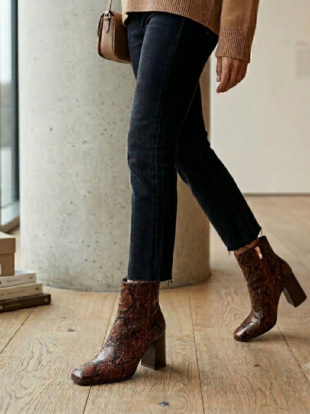 Brown booties faux alligator high heeled booties stacked block heel size 7